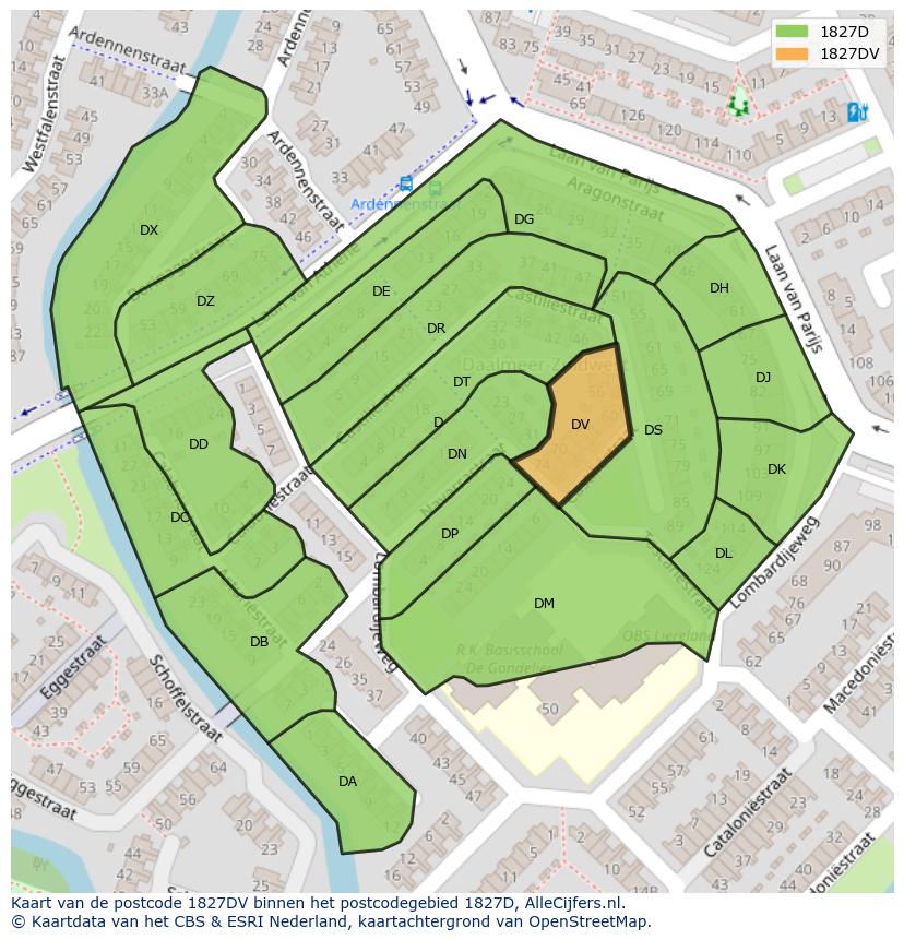 Afbeelding van het postcodegebied 1827 DV op de kaart.