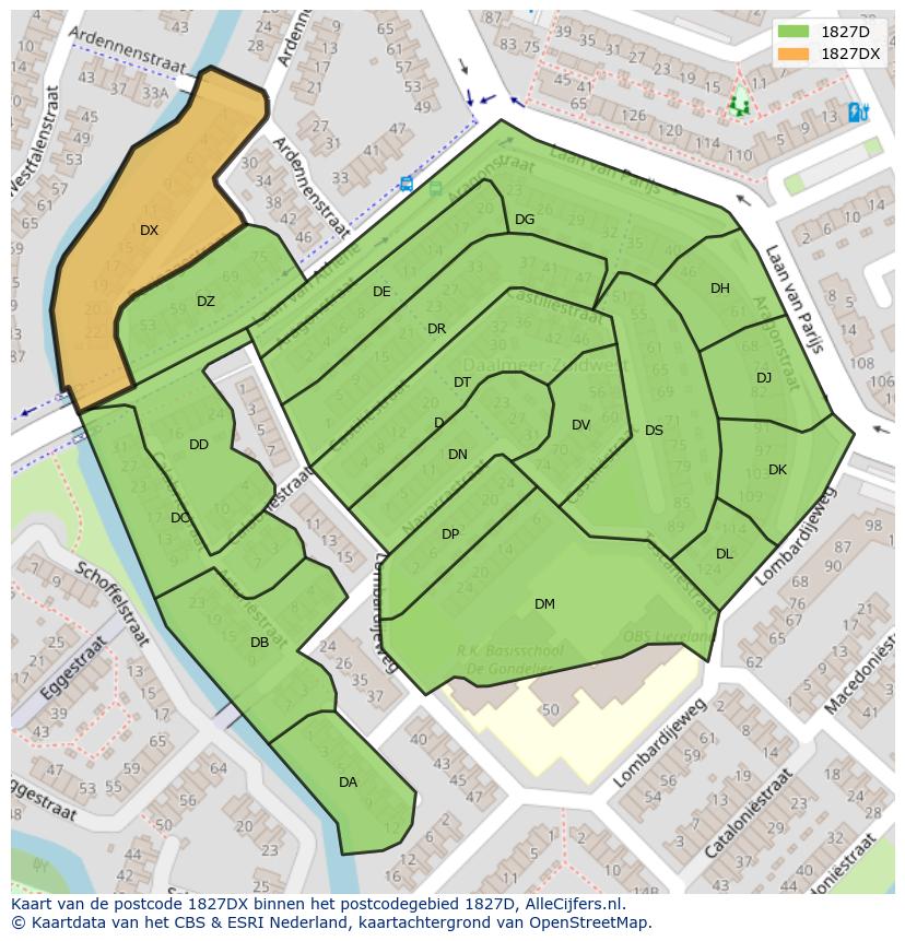 Afbeelding van het postcodegebied 1827 DX op de kaart.