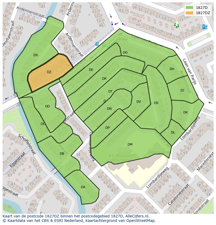 Afbeelding van het postcodegebied 1827 DZ op de kaart.