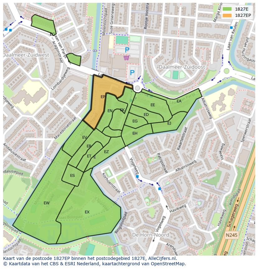 Afbeelding van het postcodegebied 1827 EP op de kaart.