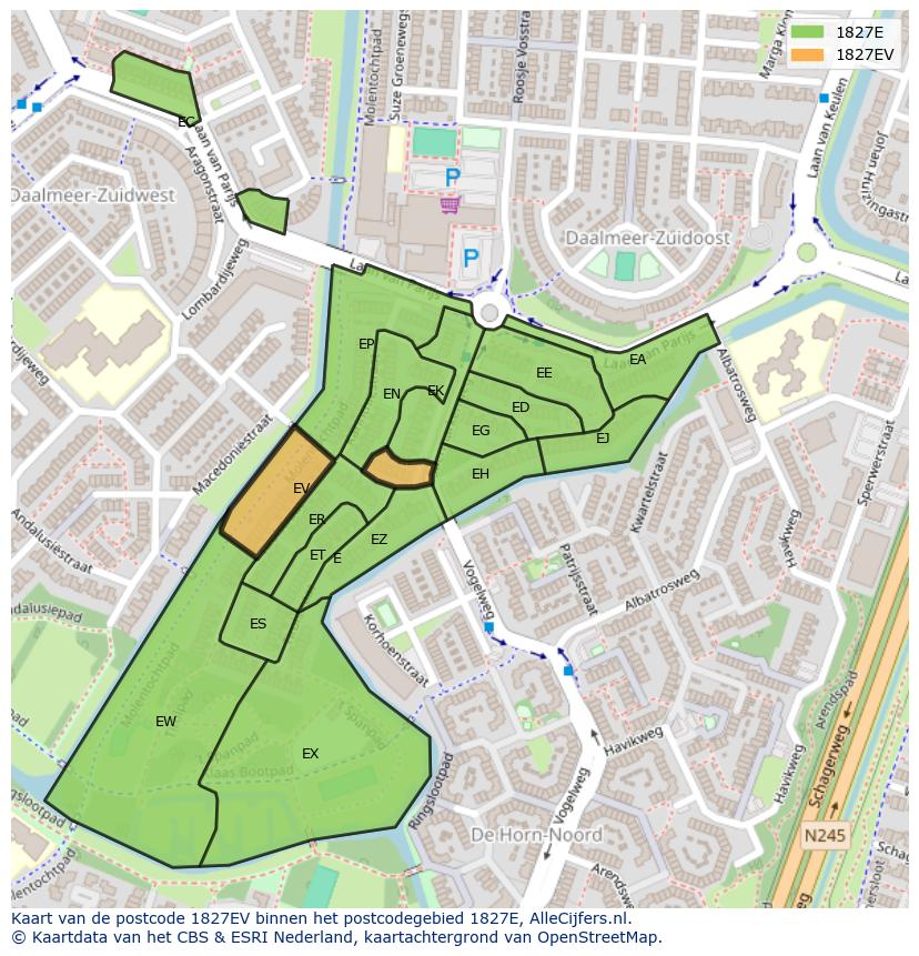 Afbeelding van het postcodegebied 1827 EV op de kaart.