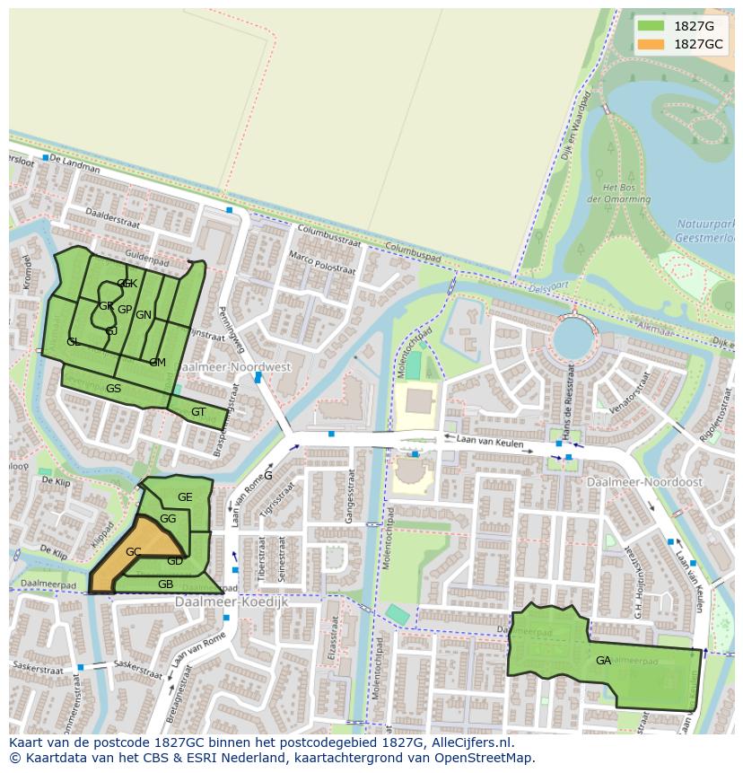 Afbeelding van het postcodegebied 1827 GC op de kaart.