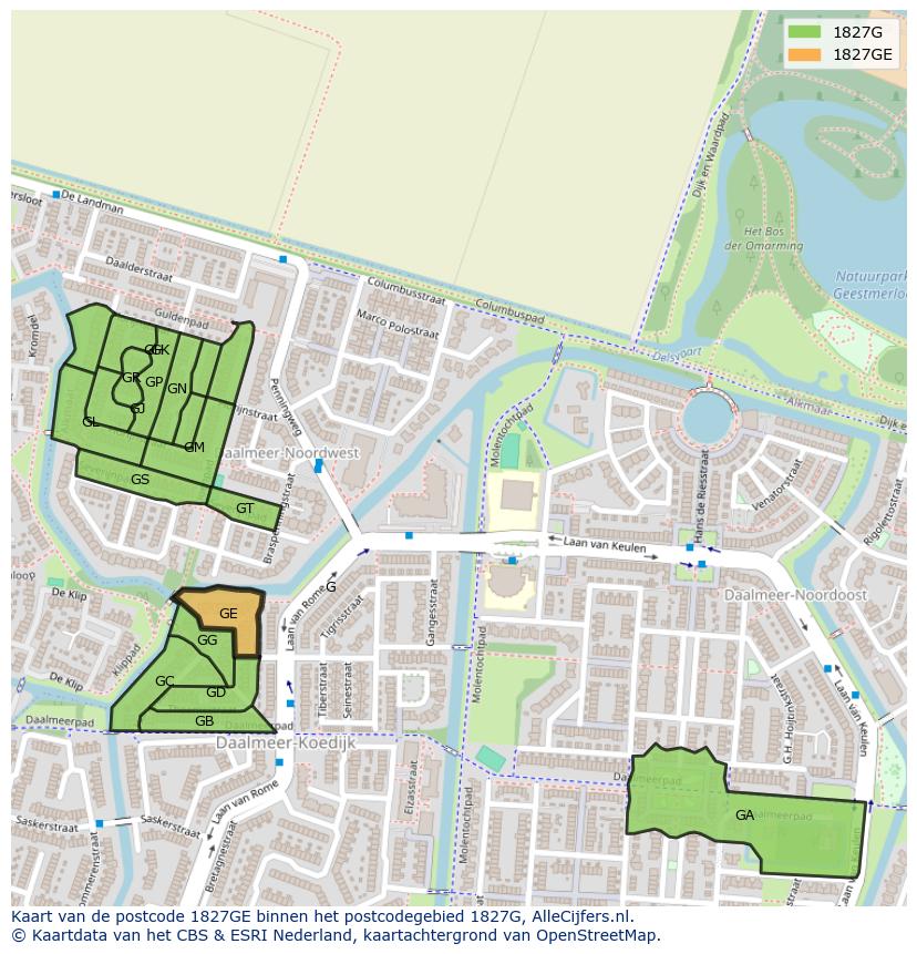 Afbeelding van het postcodegebied 1827 GE op de kaart.