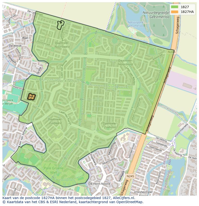 Afbeelding van het postcodegebied 1827 HA op de kaart.