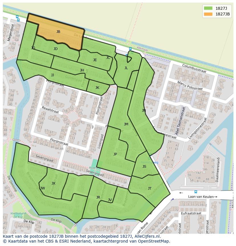 Afbeelding van het postcodegebied 1827 JB op de kaart.