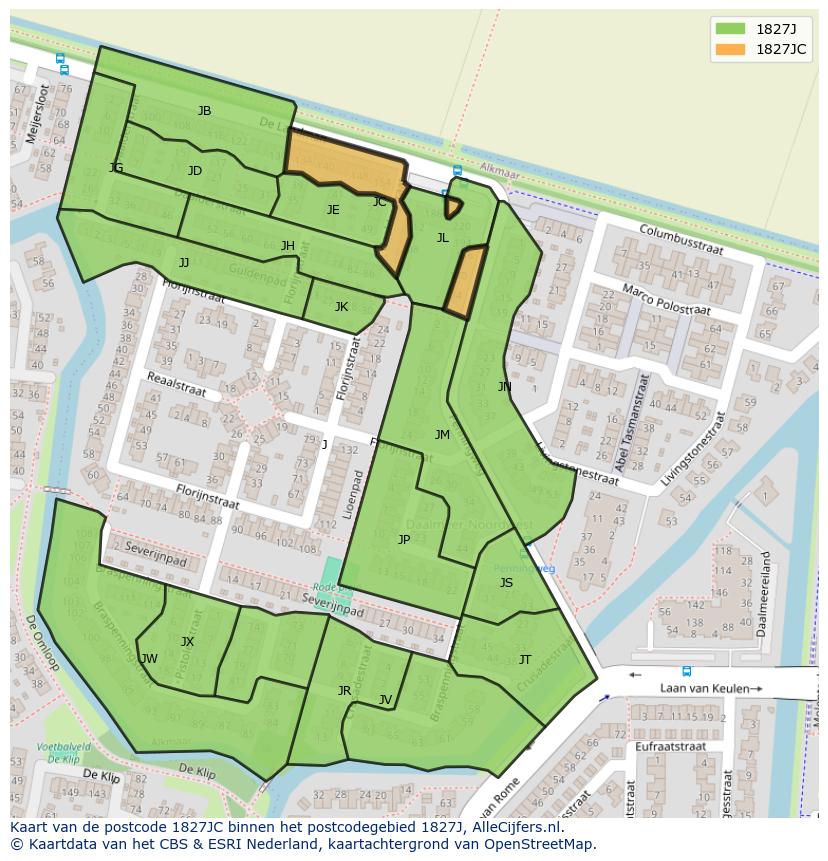 Afbeelding van het postcodegebied 1827 JC op de kaart.