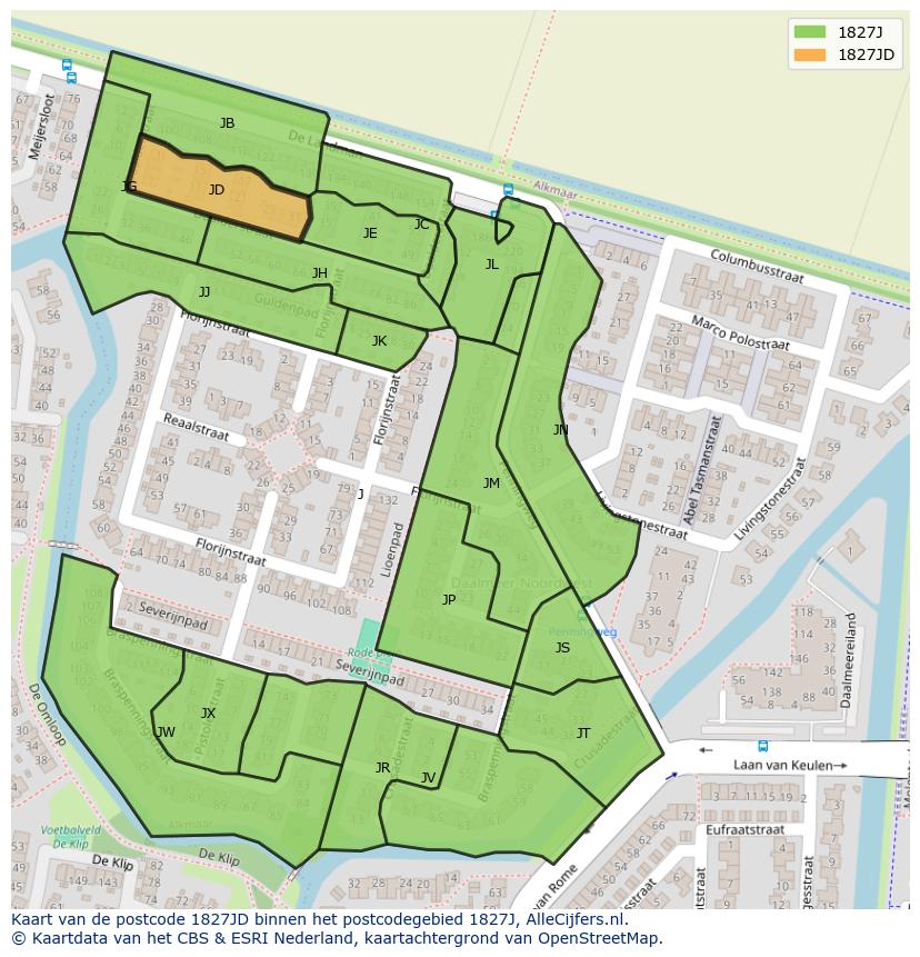 Afbeelding van het postcodegebied 1827 JD op de kaart.