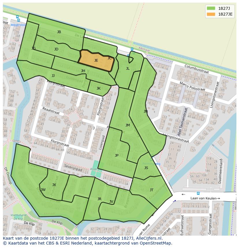 Afbeelding van het postcodegebied 1827 JE op de kaart.