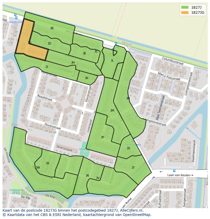 Afbeelding van het postcodegebied 1827 JG op de kaart.