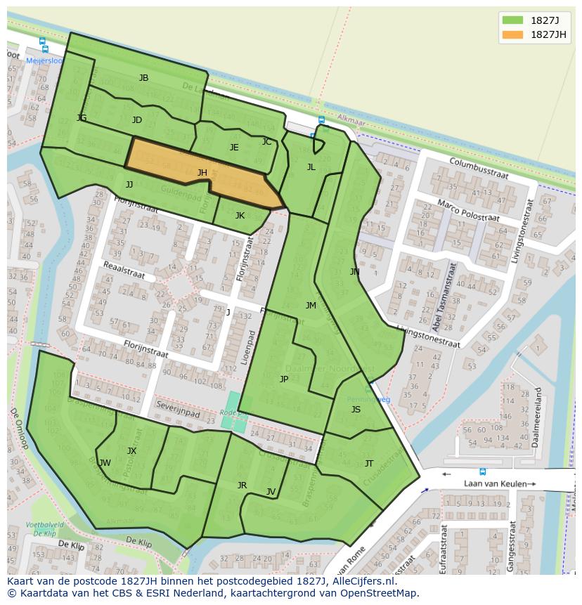 Afbeelding van het postcodegebied 1827 JH op de kaart.