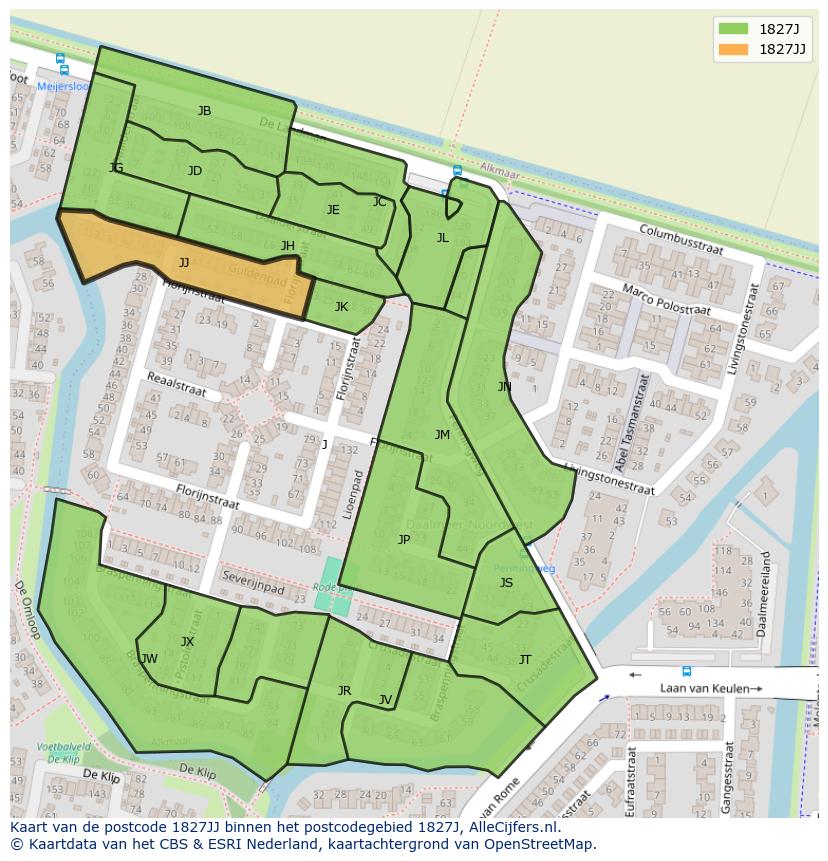 Afbeelding van het postcodegebied 1827 JJ op de kaart.