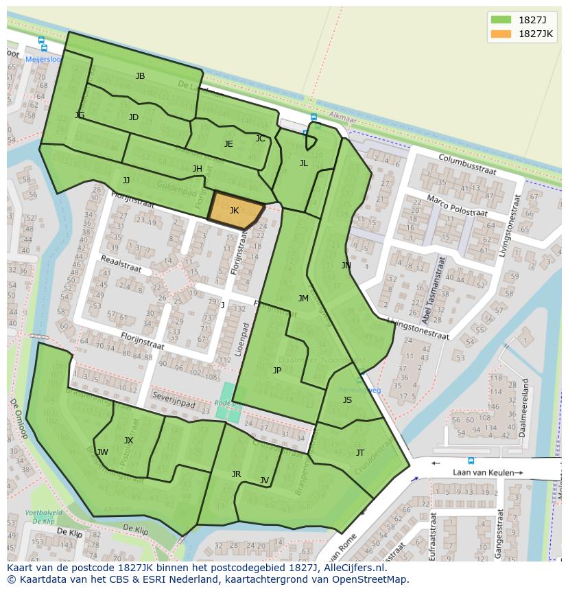 Afbeelding van het postcodegebied 1827 JK op de kaart.