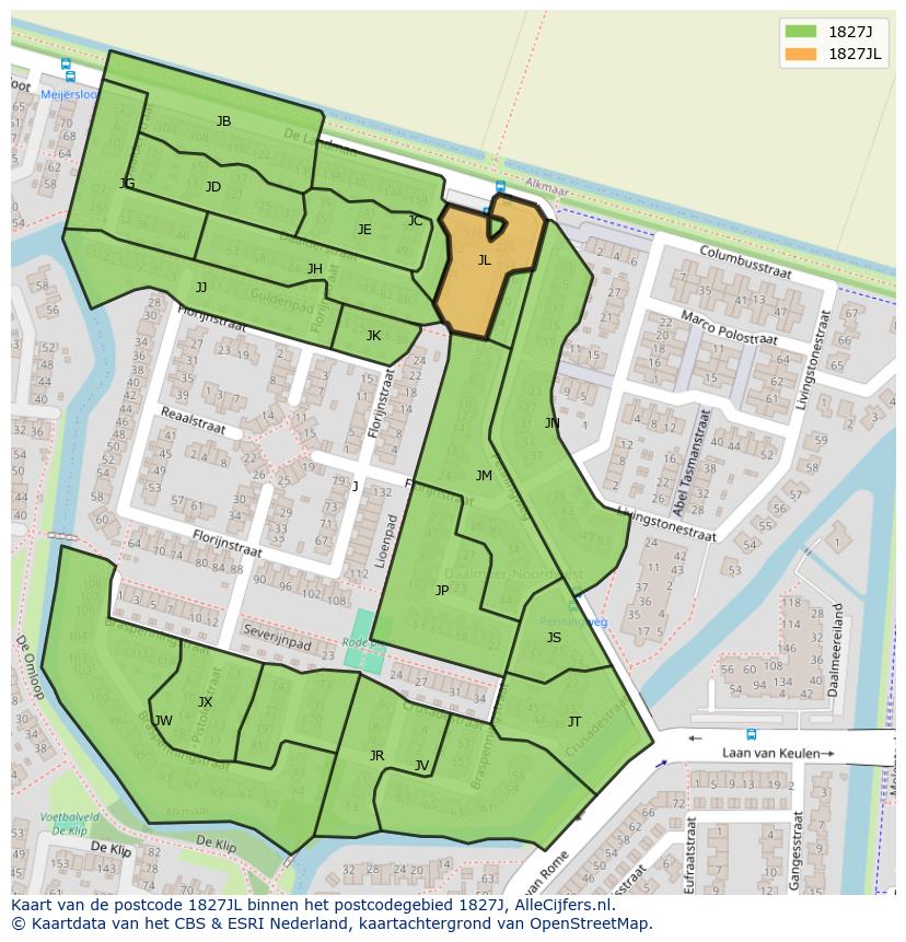 Afbeelding van het postcodegebied 1827 JL op de kaart.