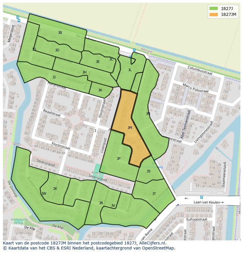 Afbeelding van het postcodegebied 1827 JM op de kaart.