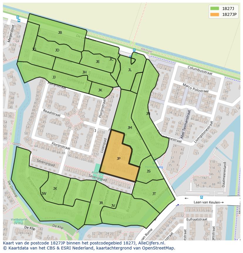 Afbeelding van het postcodegebied 1827 JP op de kaart.