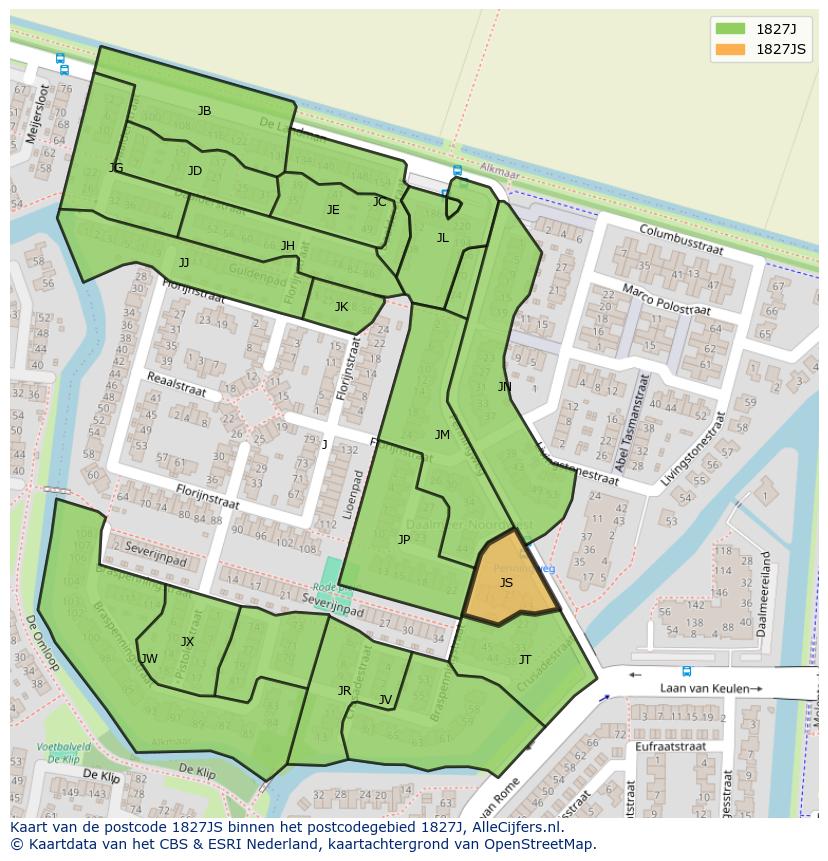 Afbeelding van het postcodegebied 1827 JS op de kaart.