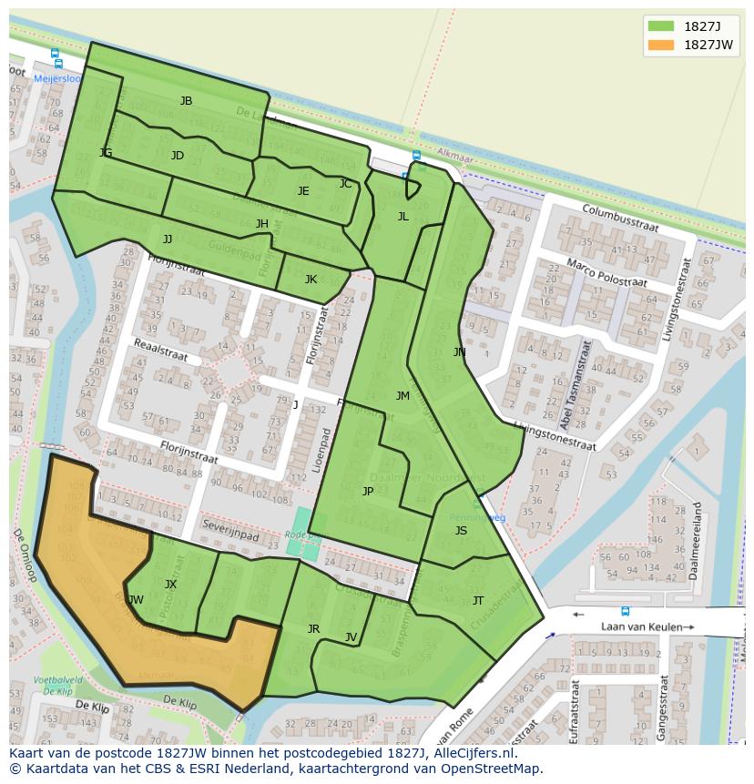 Afbeelding van het postcodegebied 1827 JW op de kaart.