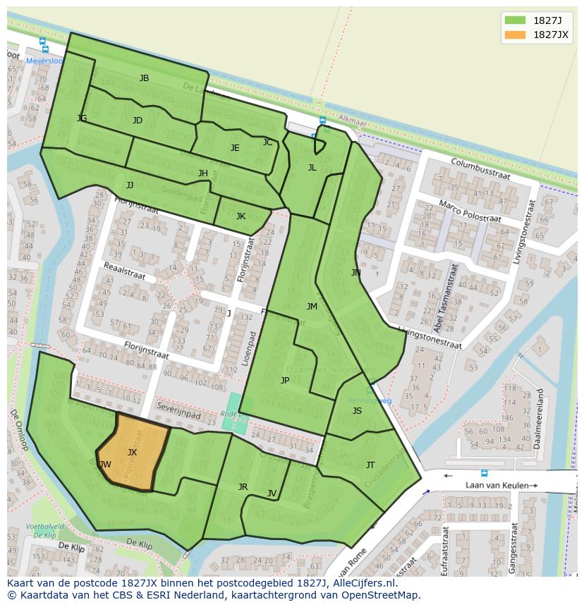 Afbeelding van het postcodegebied 1827 JX op de kaart.
