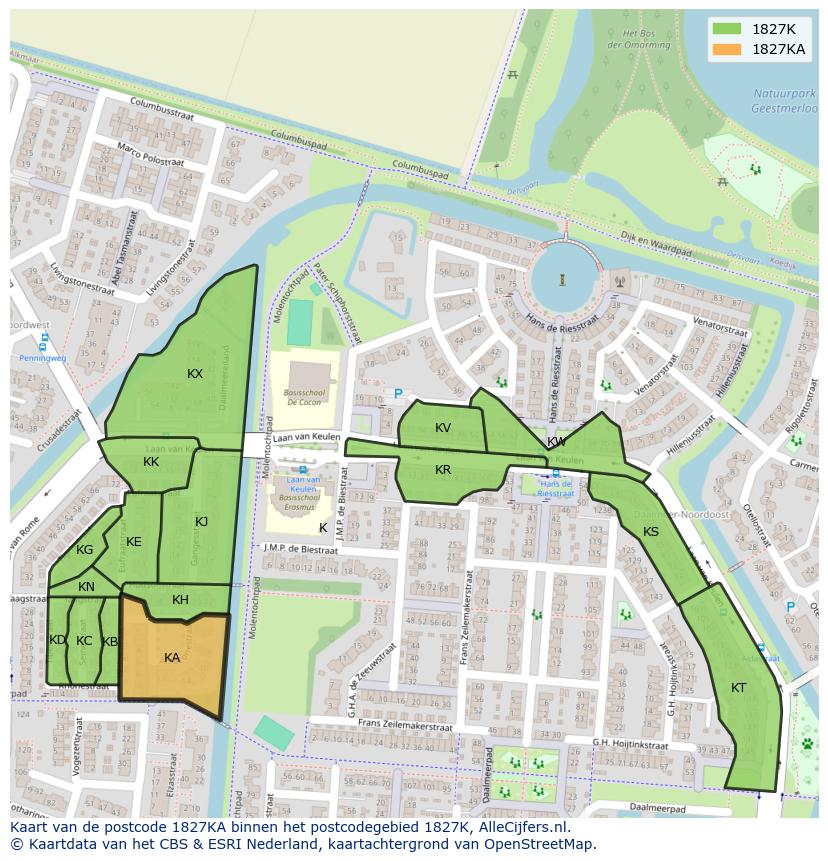 Afbeelding van het postcodegebied 1827 KA op de kaart.