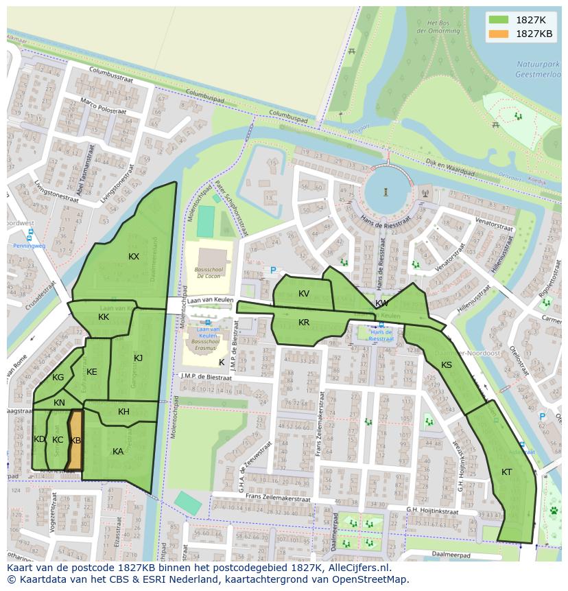 Afbeelding van het postcodegebied 1827 KB op de kaart.