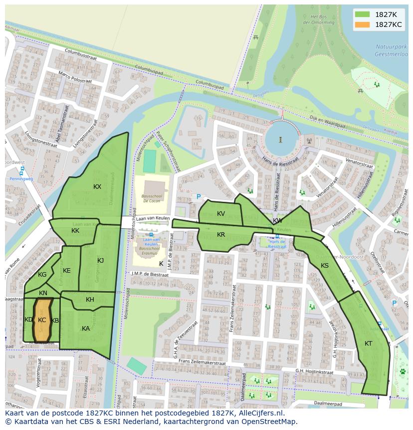 Afbeelding van het postcodegebied 1827 KC op de kaart.