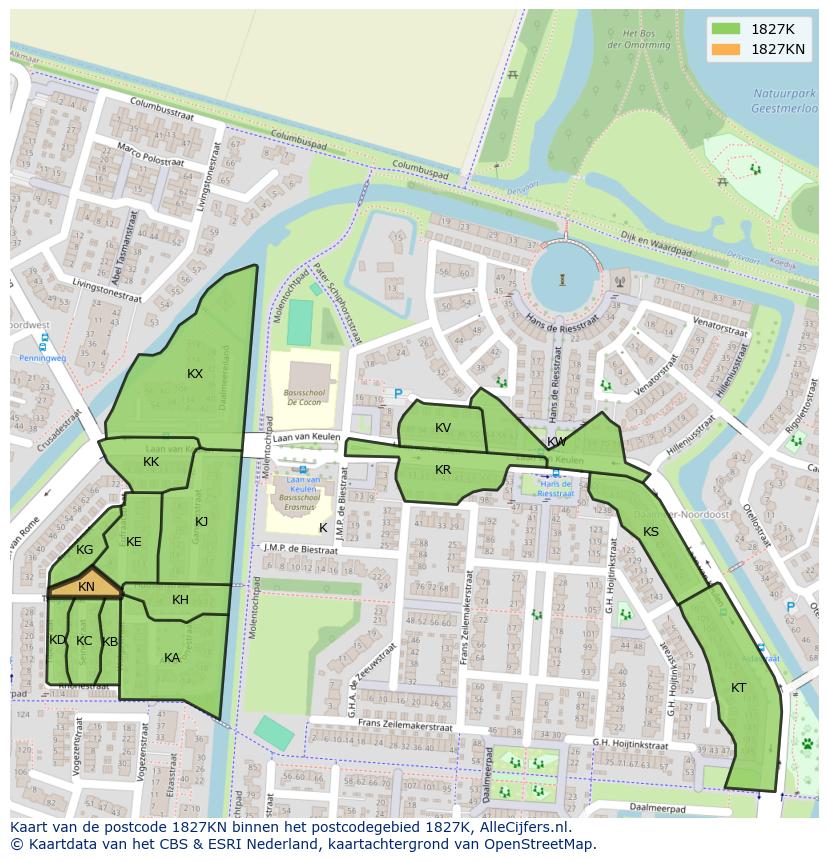 Afbeelding van het postcodegebied 1827 KN op de kaart.