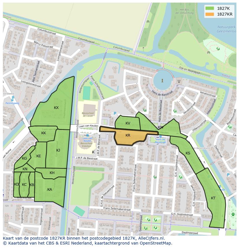 Afbeelding van het postcodegebied 1827 KR op de kaart.