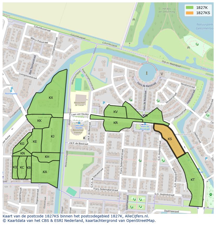 Afbeelding van het postcodegebied 1827 KS op de kaart.