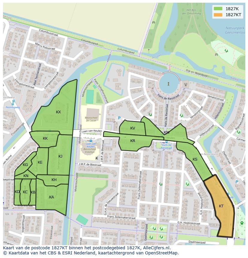 Afbeelding van het postcodegebied 1827 KT op de kaart.
