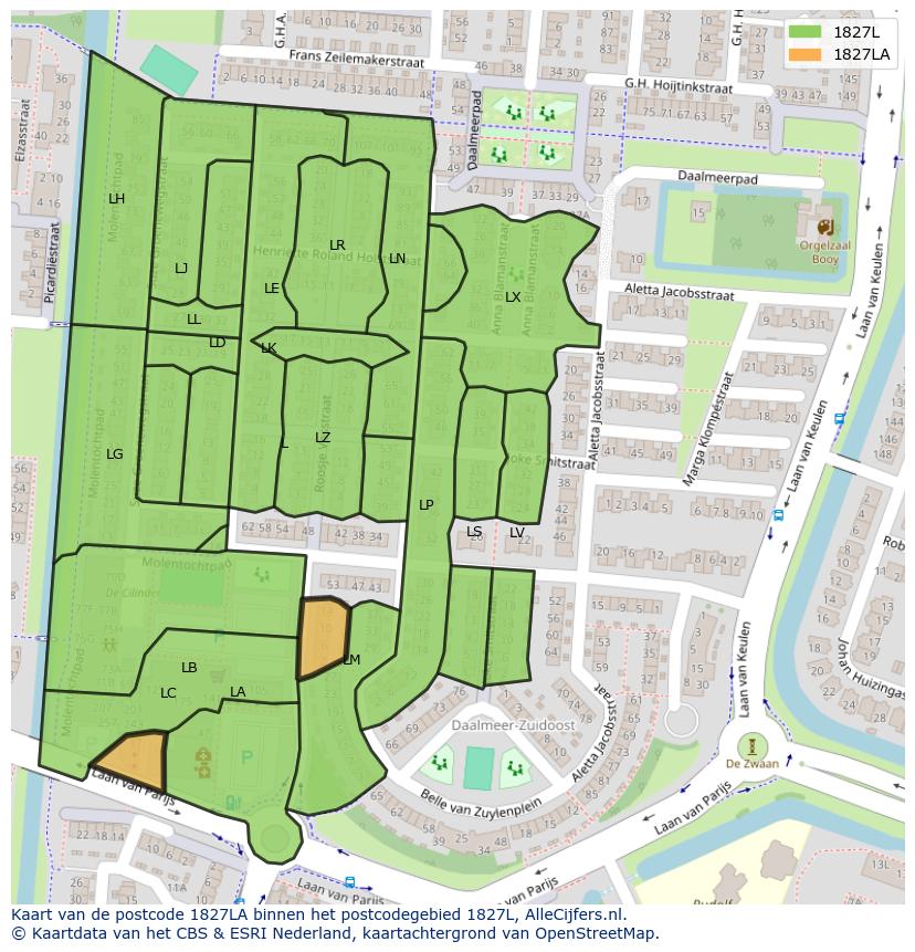 Afbeelding van het postcodegebied 1827 LA op de kaart.