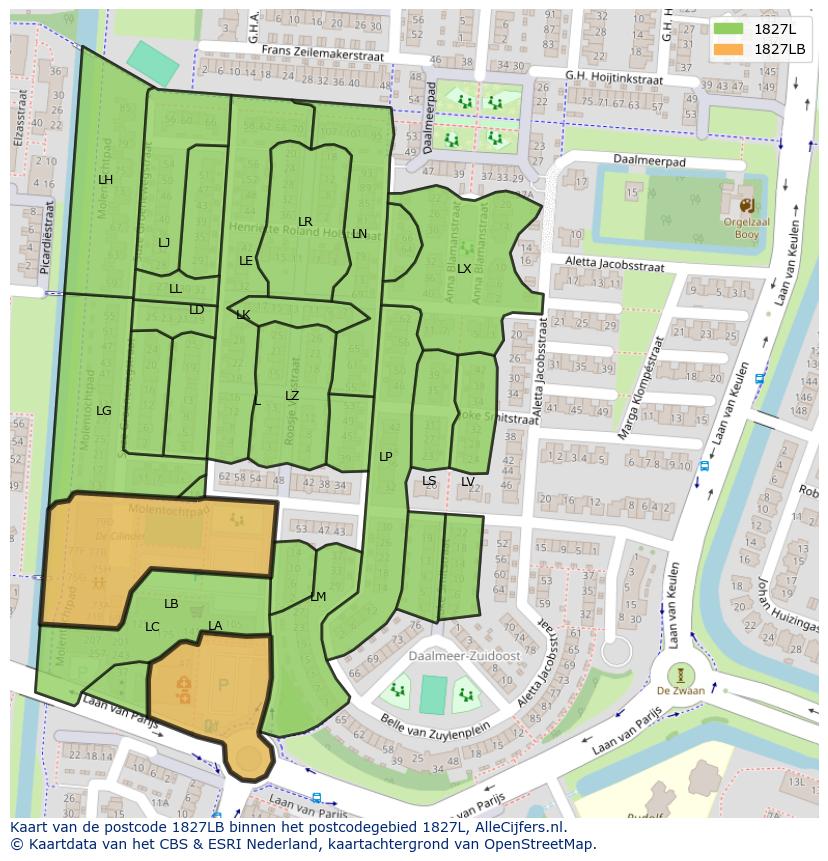 Afbeelding van het postcodegebied 1827 LB op de kaart.