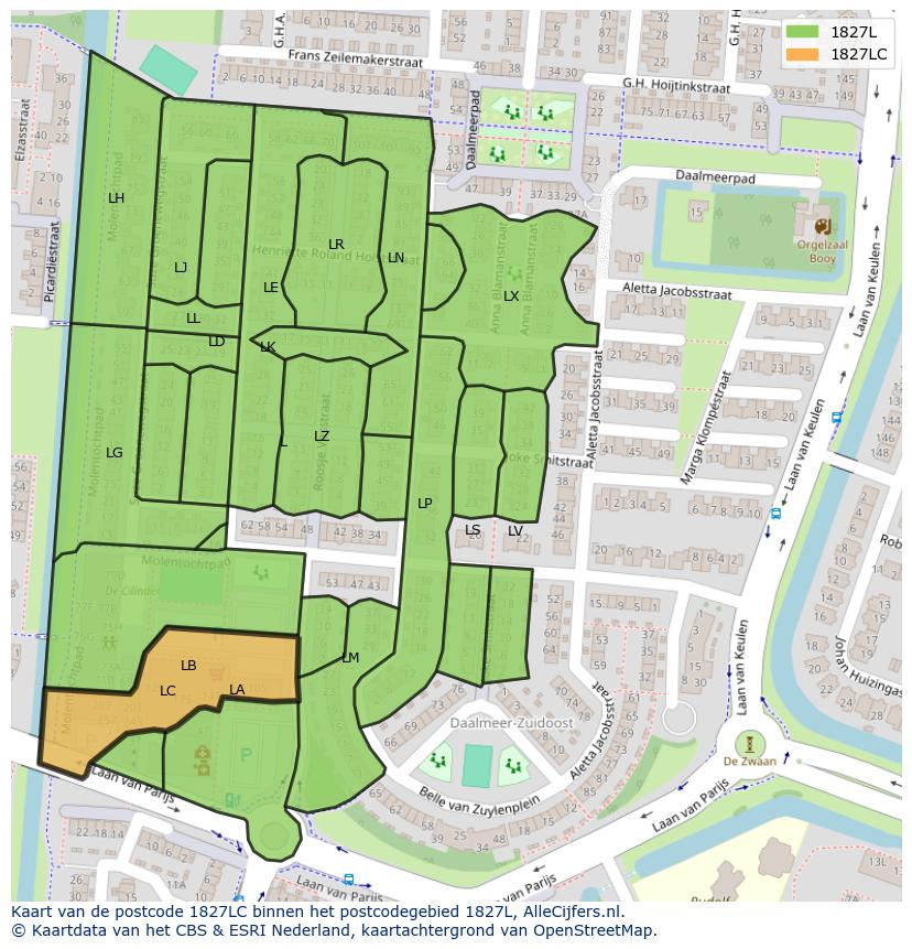 Afbeelding van het postcodegebied 1827 LC op de kaart.
