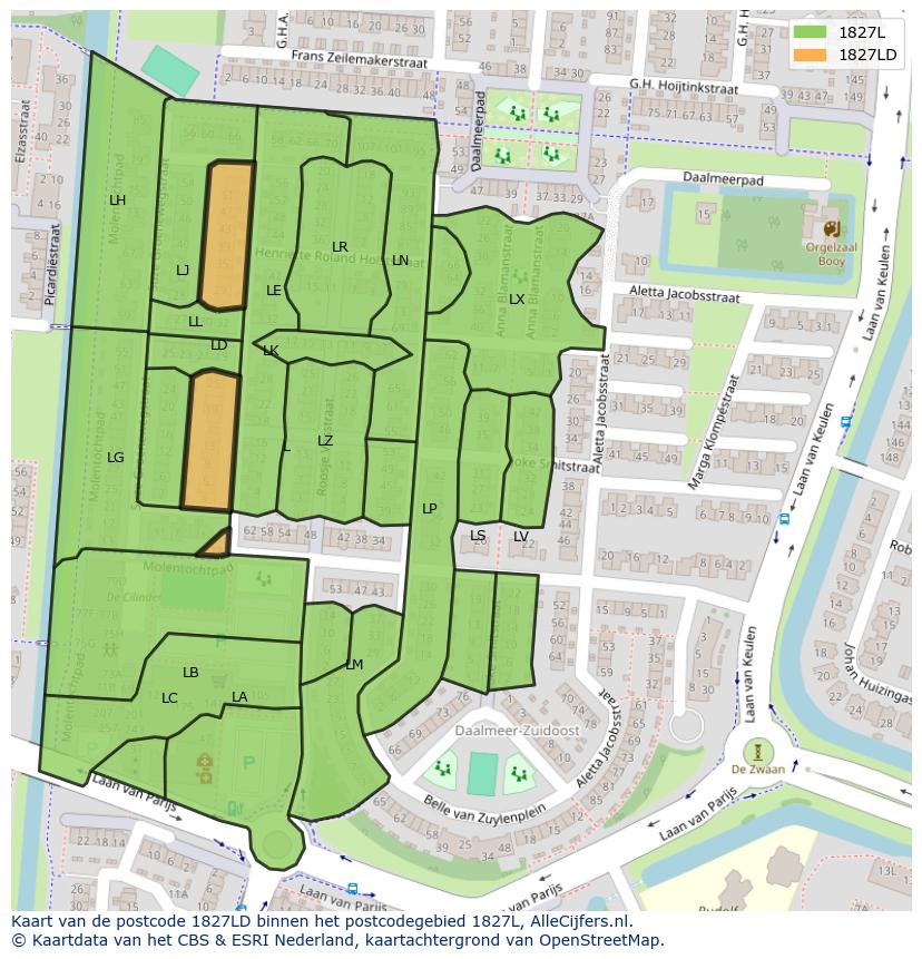 Afbeelding van het postcodegebied 1827 LD op de kaart.