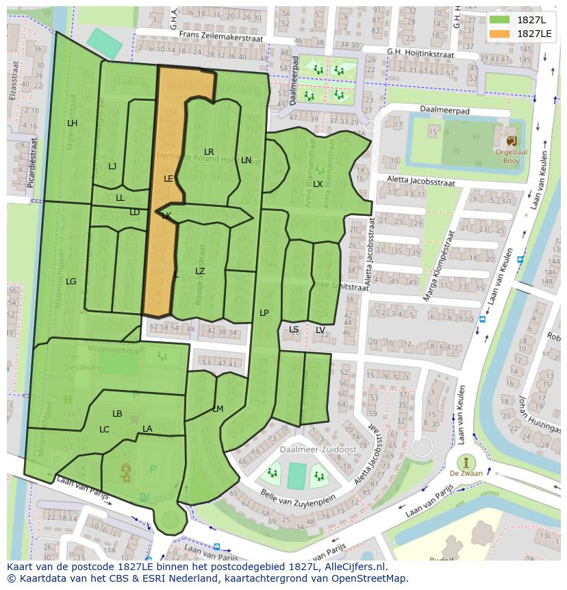 Afbeelding van het postcodegebied 1827 LE op de kaart.