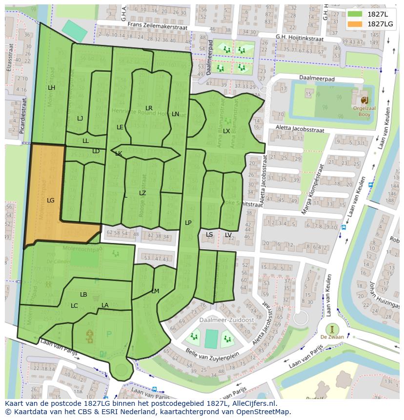 Afbeelding van het postcodegebied 1827 LG op de kaart.