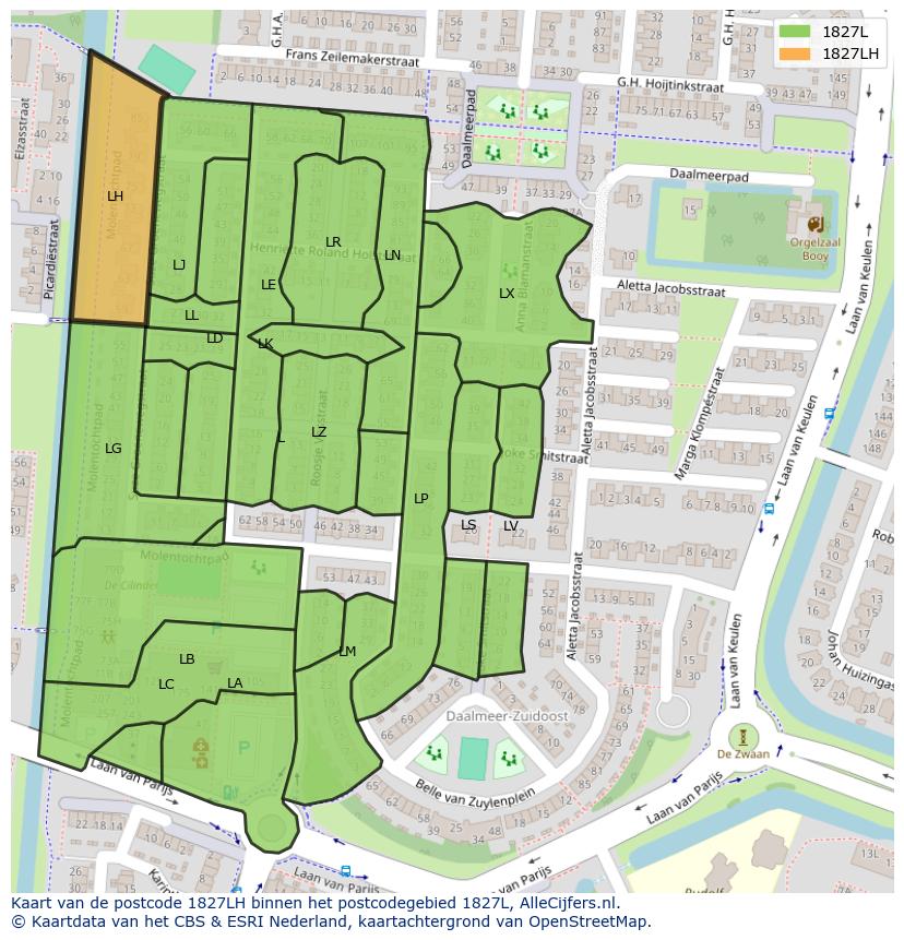 Afbeelding van het postcodegebied 1827 LH op de kaart.