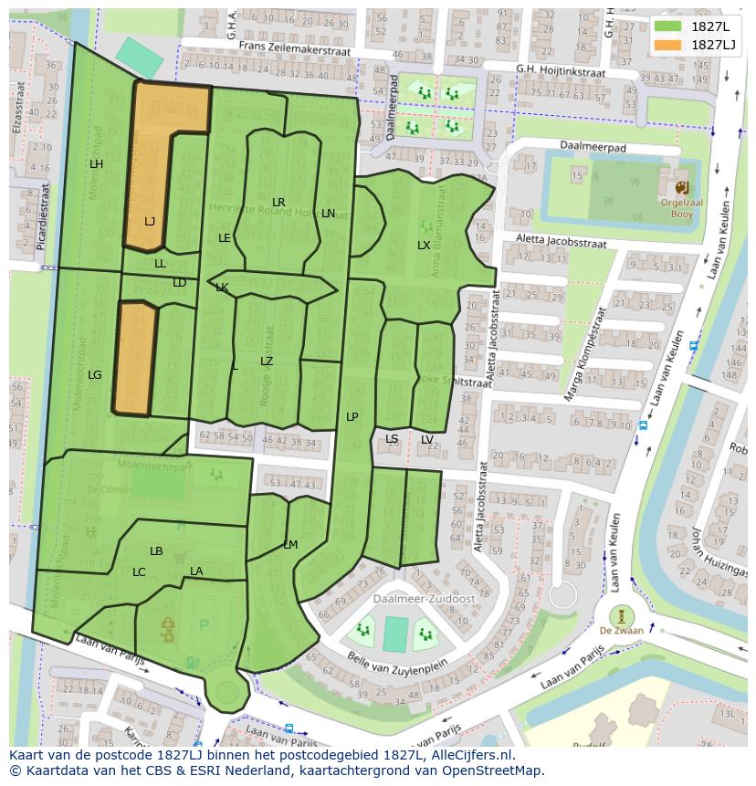 Afbeelding van het postcodegebied 1827 LJ op de kaart.