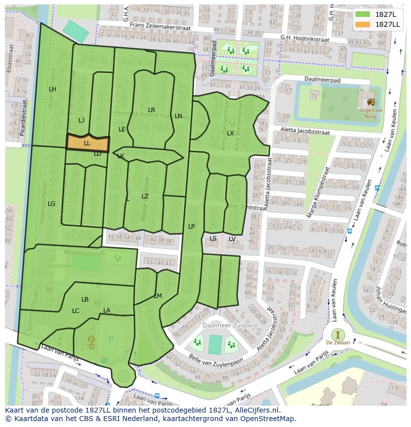 Afbeelding van het postcodegebied 1827 LL op de kaart.