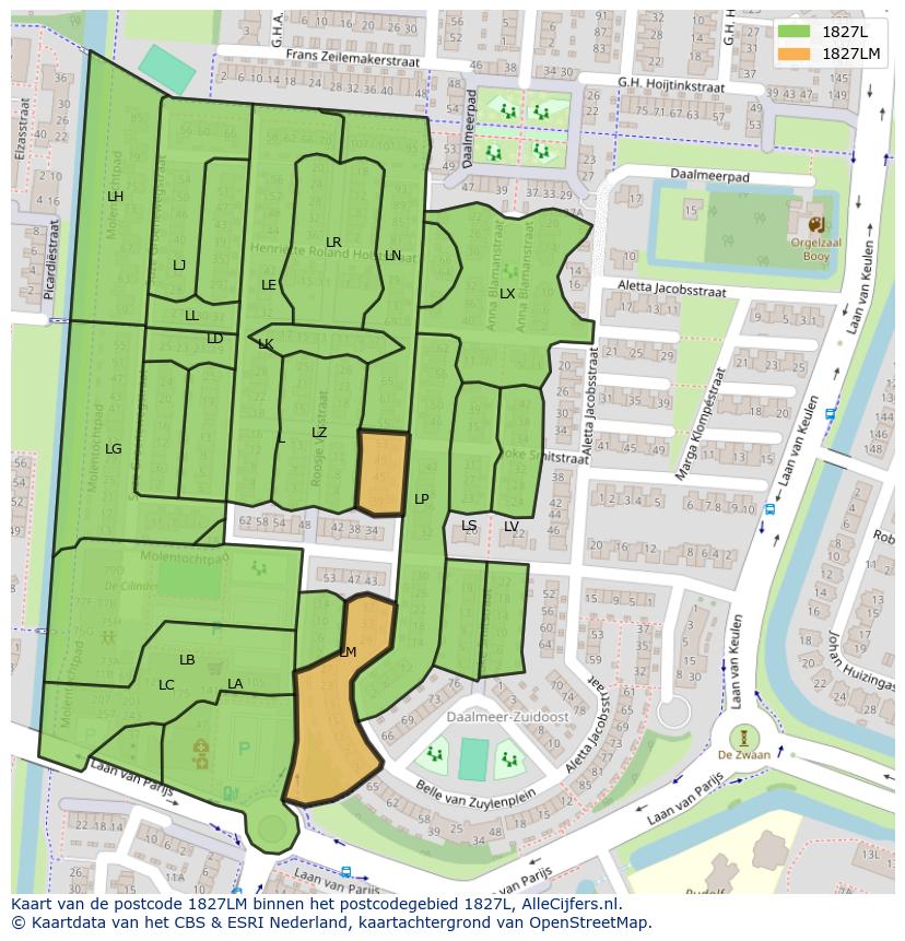 Afbeelding van het postcodegebied 1827 LM op de kaart.