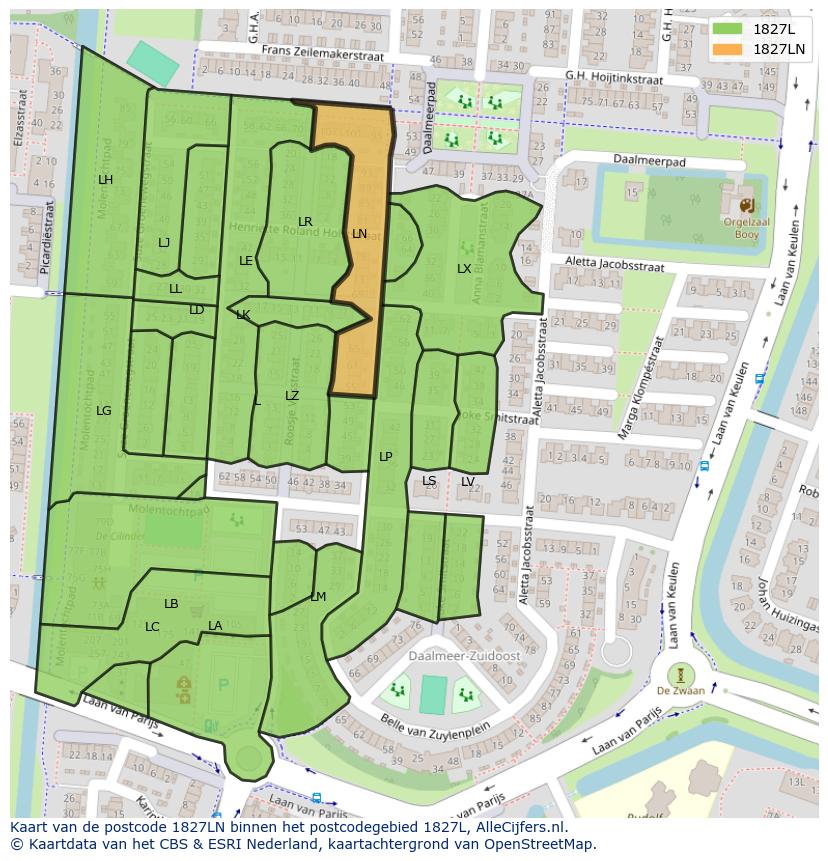 Afbeelding van het postcodegebied 1827 LN op de kaart.
