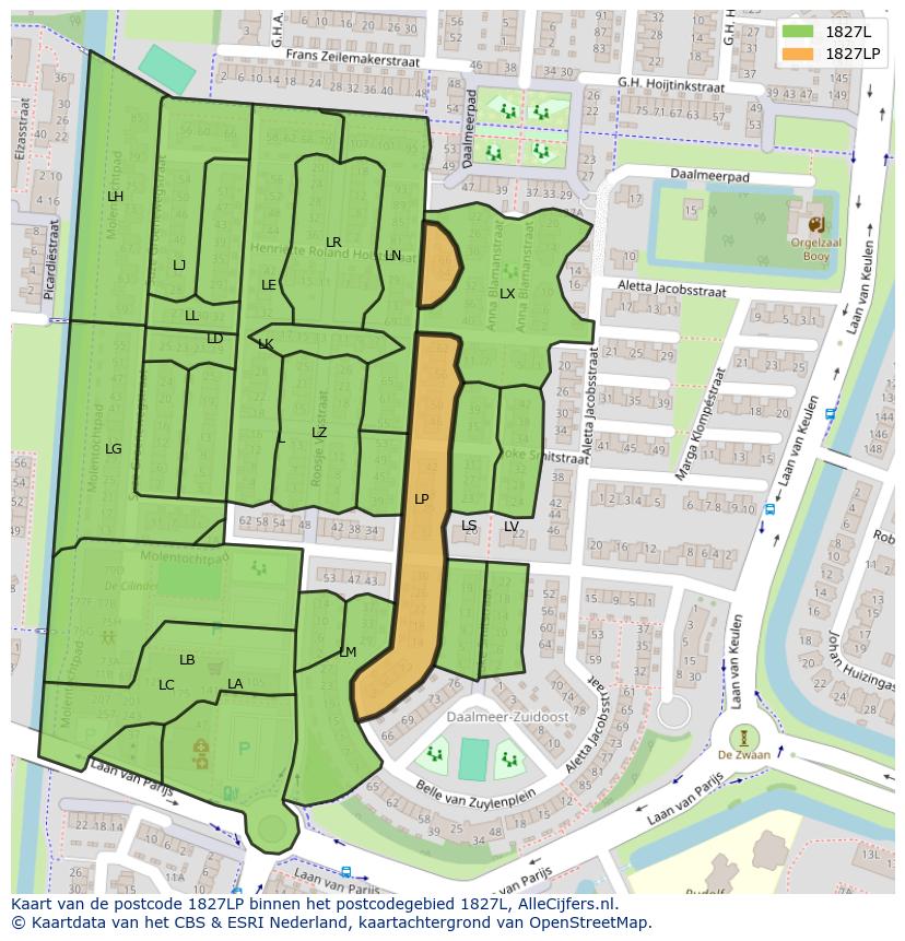 Afbeelding van het postcodegebied 1827 LP op de kaart.
