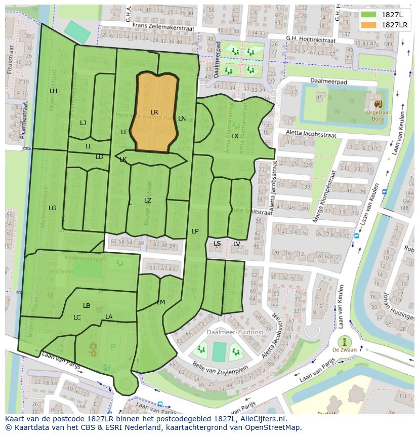 Afbeelding van het postcodegebied 1827 LR op de kaart.