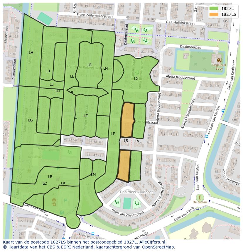 Afbeelding van het postcodegebied 1827 LS op de kaart.
