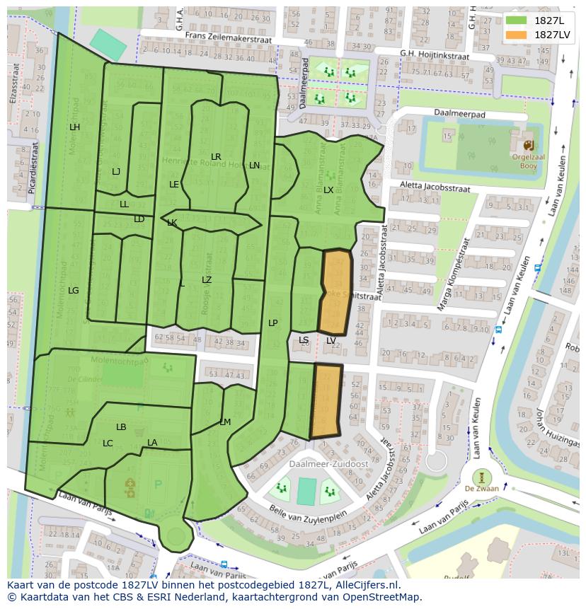 Afbeelding van het postcodegebied 1827 LV op de kaart.