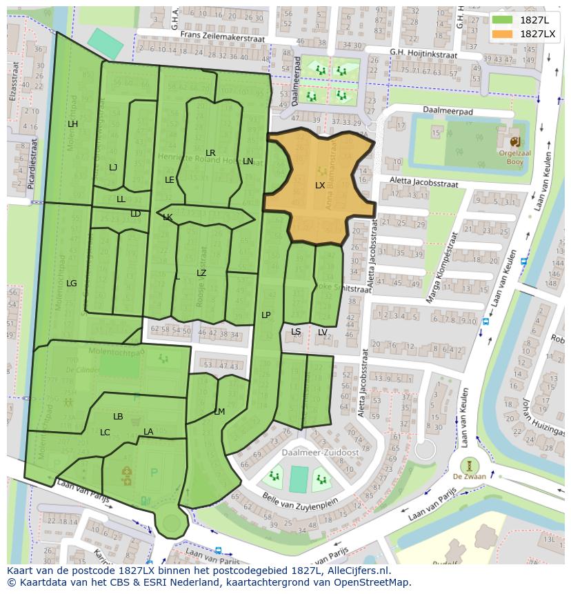 Afbeelding van het postcodegebied 1827 LX op de kaart.