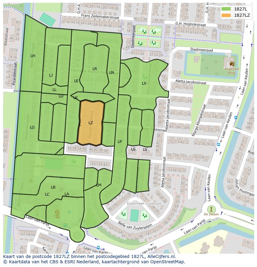 Afbeelding van het postcodegebied 1827 LZ op de kaart.
