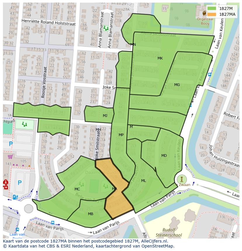 Afbeelding van het postcodegebied 1827 MA op de kaart.