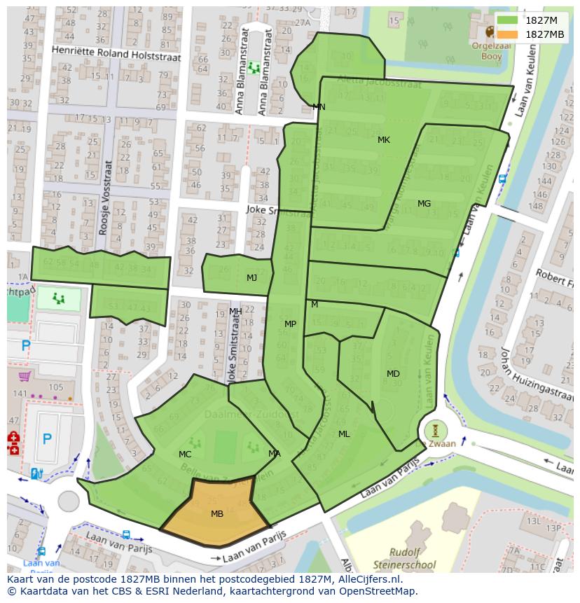 Afbeelding van het postcodegebied 1827 MB op de kaart.