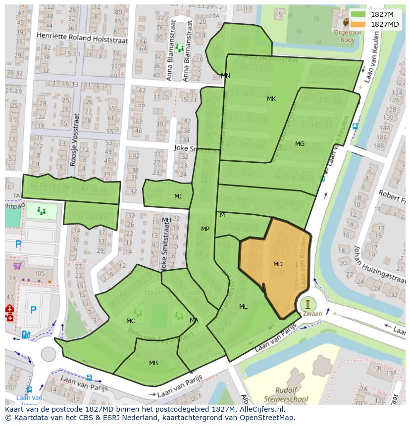 Afbeelding van het postcodegebied 1827 MD op de kaart.