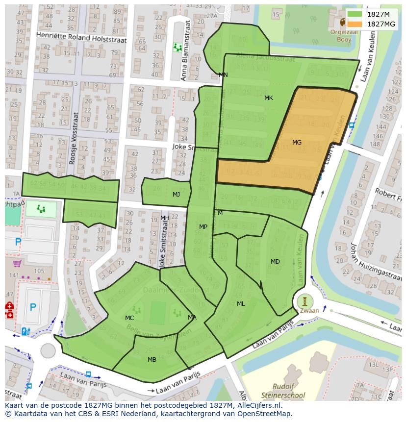 Afbeelding van het postcodegebied 1827 MG op de kaart.